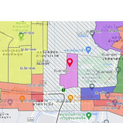 ที่ดินสีม่วงแปลงสุดท้ายในย่านนี้ ลาดกระบัง ICD เนื้อที่ 1ไร่ 3 งาน 21 ตร.วา ถมอัดบดไม่มีทรุด พร้อมล้อมรัวปูนรอบด้าน ถนนเข้าออก2ทาง 